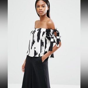 brush print tie sleeve bardot top